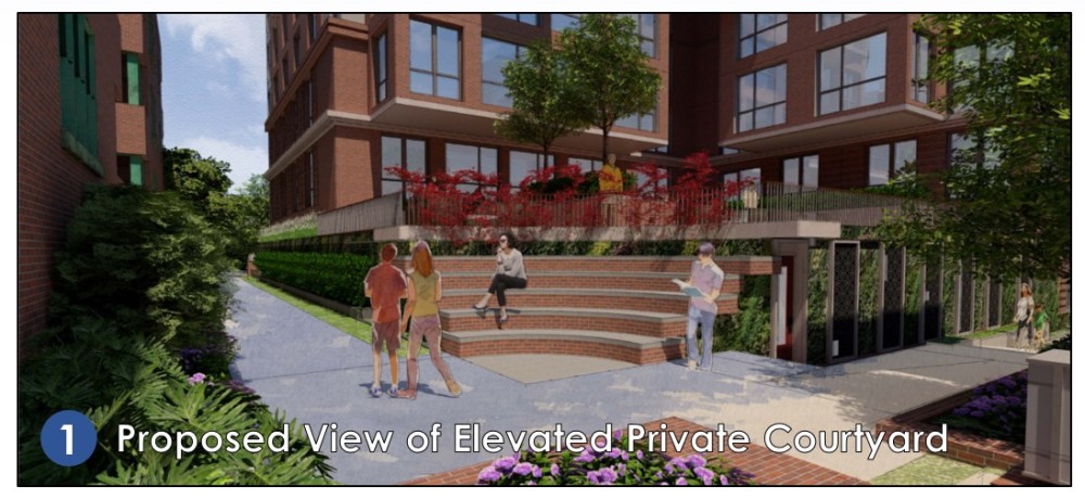 A drawing of the elevated private courtyard at the northwest corner of the proposed residential building