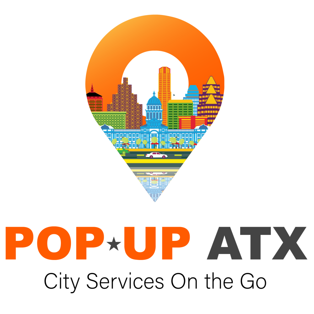 Pop-Up ATX: City Services on the Go is written below a location icon with a cityscape in the background