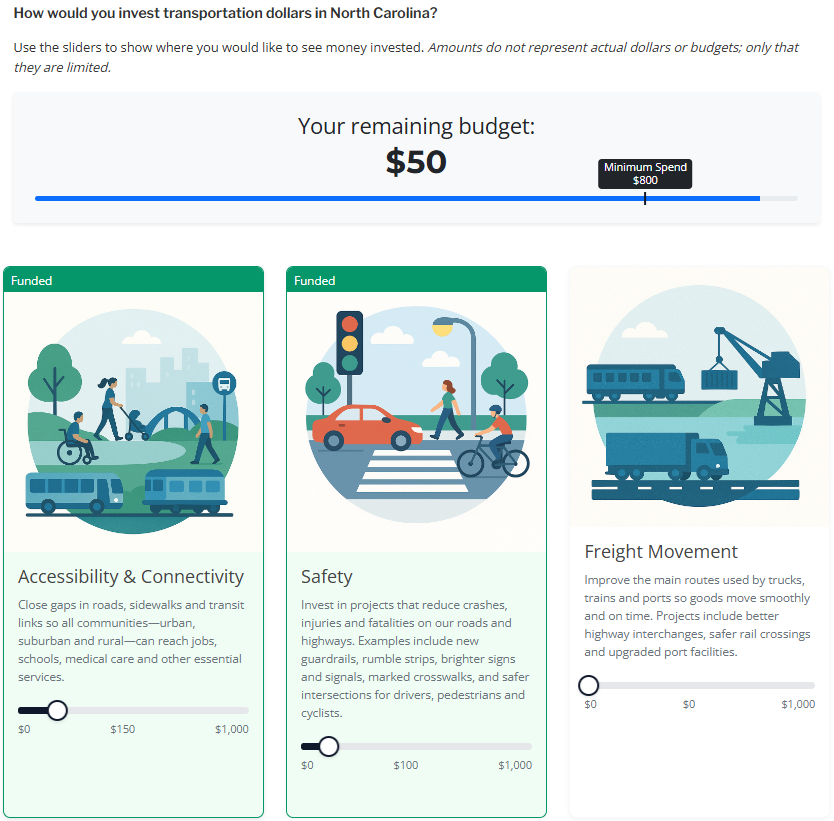 Budget simulator question format showing sliders