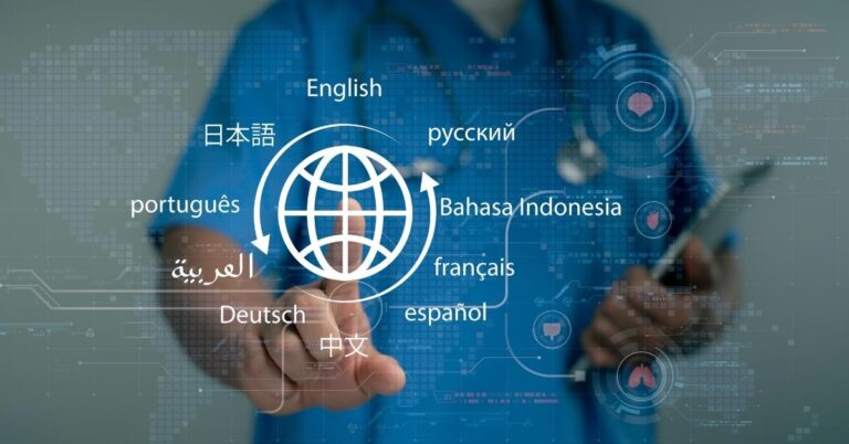 A person touching a screen with multiple languages