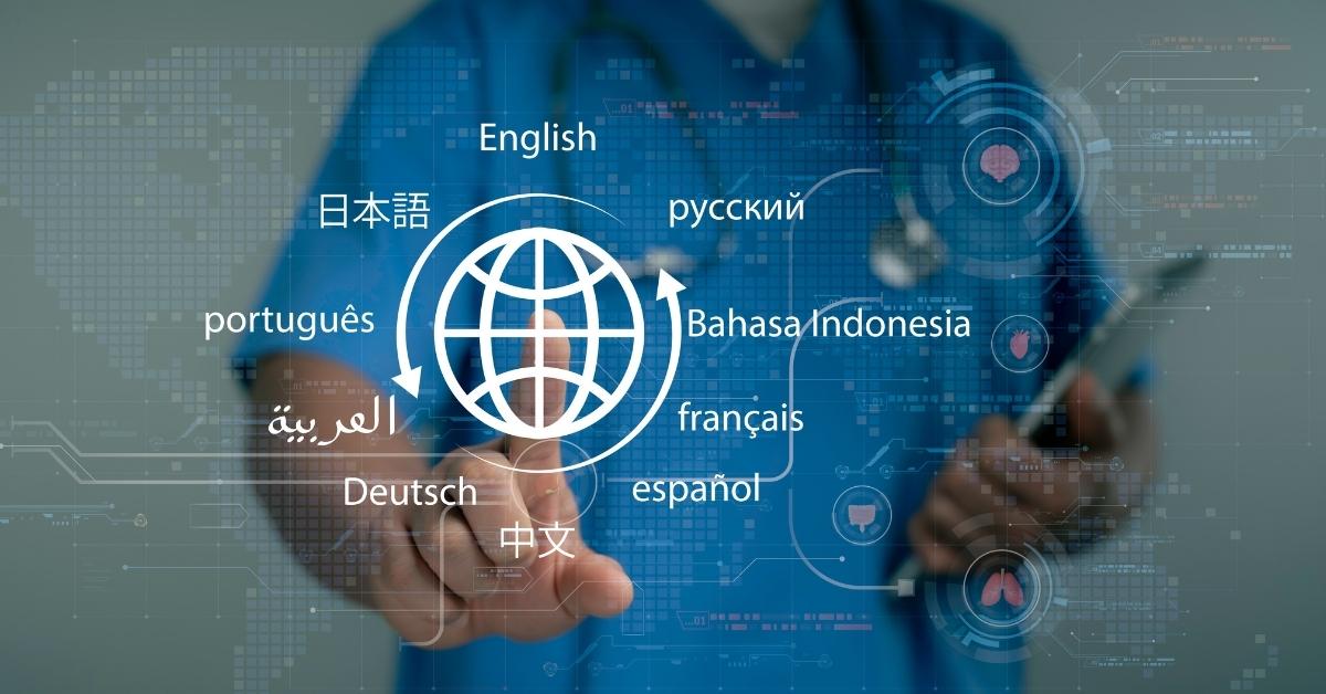 A person touching a screen with multiple languages