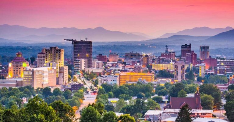 View of Asheville, NC at sunset