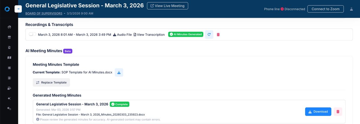 The staff view of a meeting with its recording and transcript, the minutes template in use and a generated minutes draft marked complete with a reminder to review it for accuracy