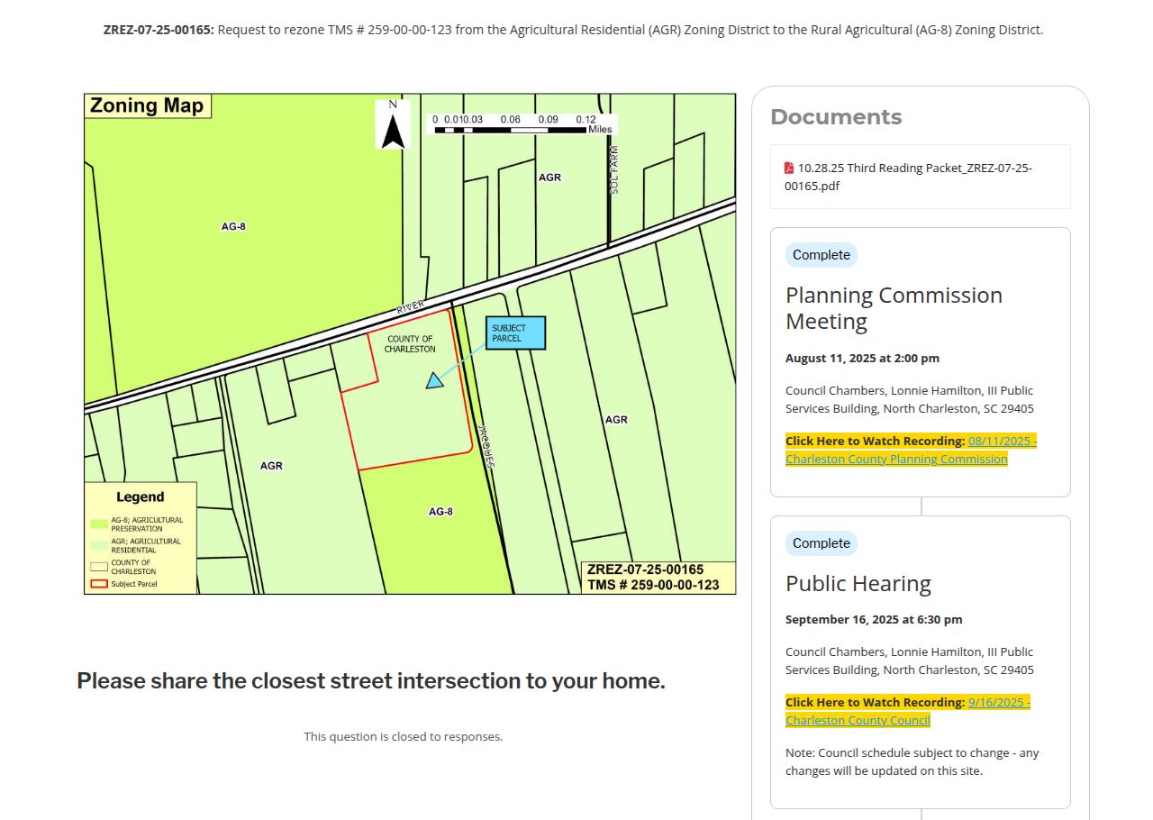 Charleston County rezoning case ZREZ-07-25-00165: the request, a zoning map of the parcel, the case documents and each meeting from Planning Commission to Council readings