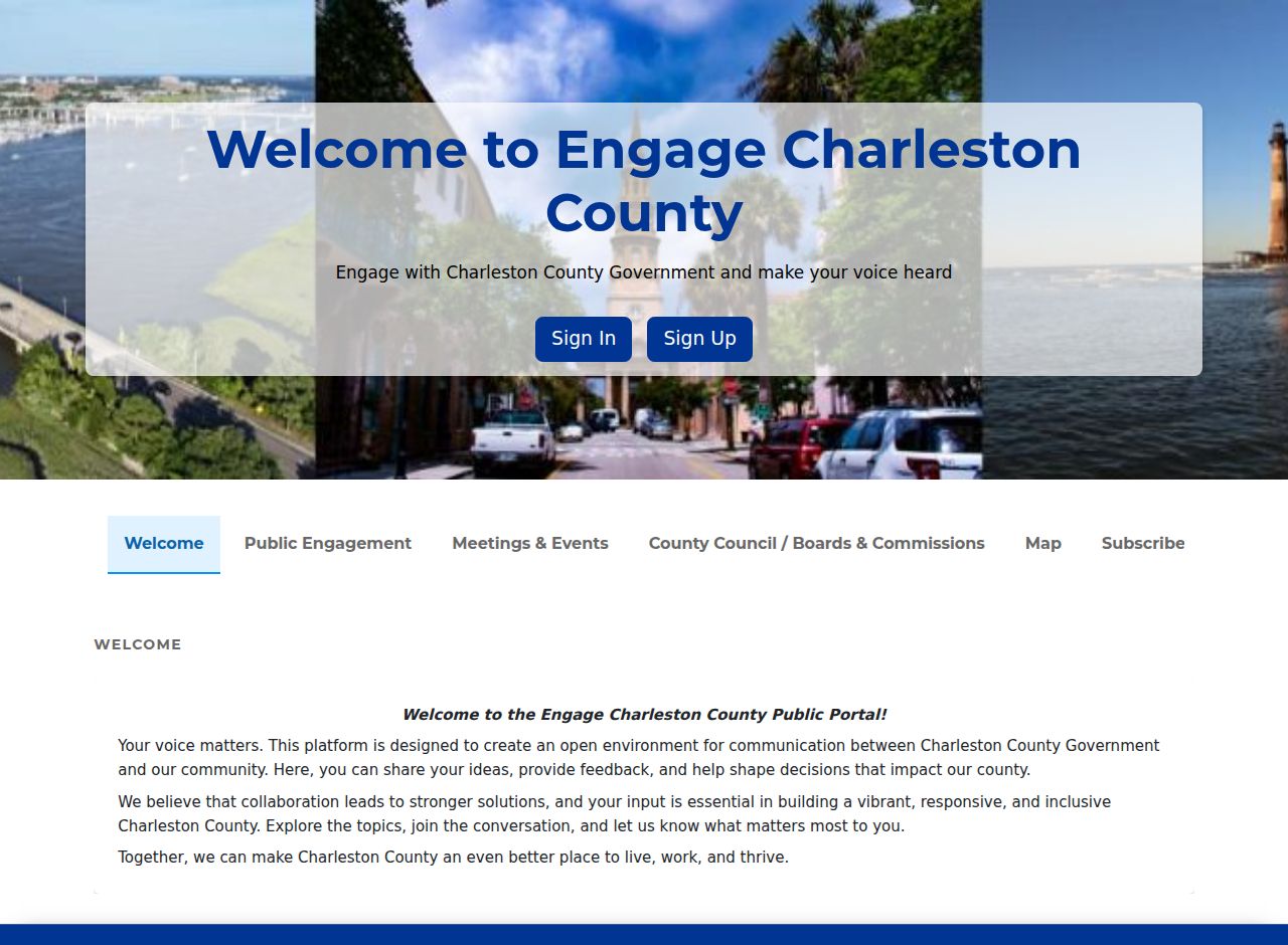 The Engage Charleston County portal: a welcome message and tabs for public engagement, meetings and events, boards and commissions, a map and subscriptions
