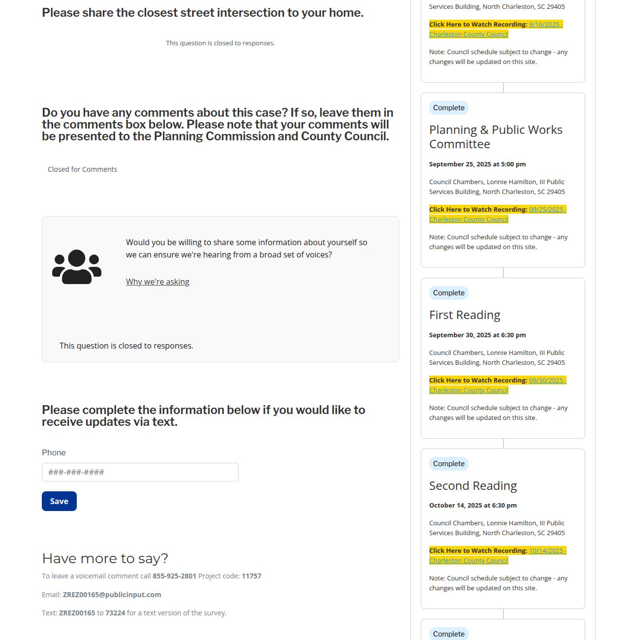 The ways to take part in a Charleston County rezoning case: an online comment question, text updates sign-up, and a voicemail line, case email address and text code
