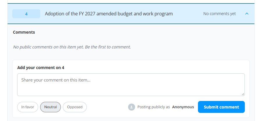 An agenda item, Adoption of the FY 2027 amended budget and work program, opened to show a comment box with In favor, Neutral and Opposed buttons and a Submit comment button