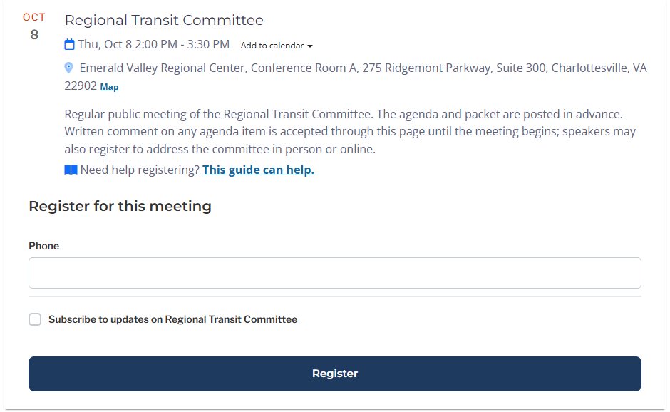 A Regional Transit Committee meeting listing with date, time, location and description, followed by a Register for this meeting form and an option to subscribe to the committee