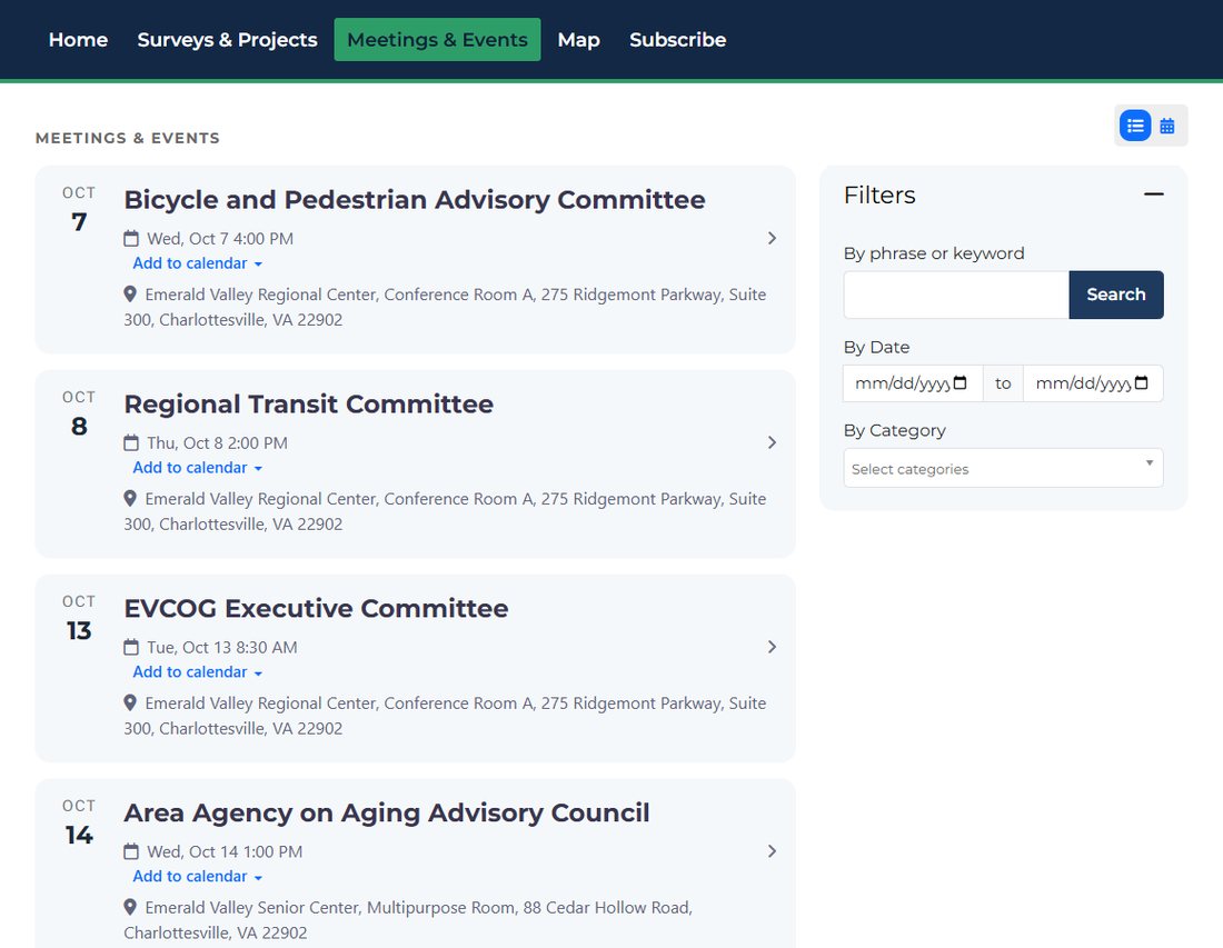 A meetings and events list showing upcoming meetings of the Bicycle and Pedestrian Advisory Committee, Regional Transit Committee, Executive Committee and Area Agency on Aging Advisory Council, with filters by keyword, date and category