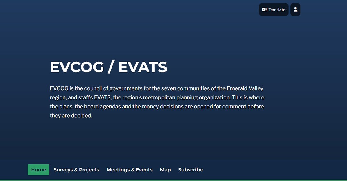 The Emerald Valley Council of Governments public portal, a PublicInput demo region, with tabs for projects, meetings and events, a map and subscriptions